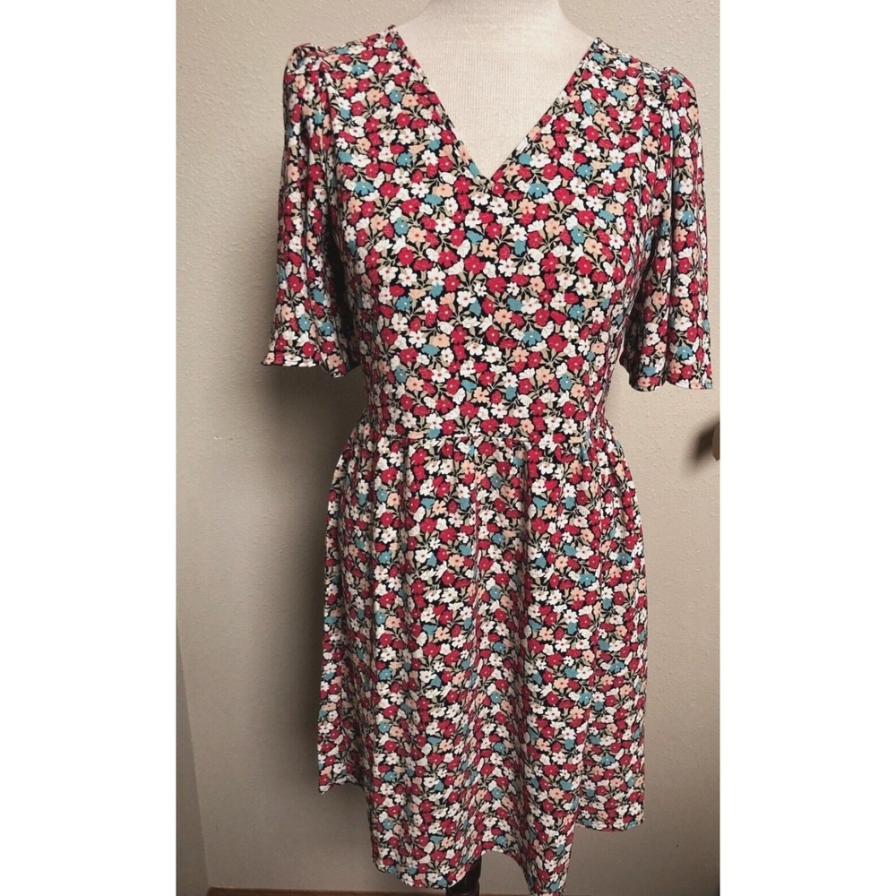 Ann Taylor Floral V-Neck Flutter Sleeve Fit and Flare Dress Pink Blue White